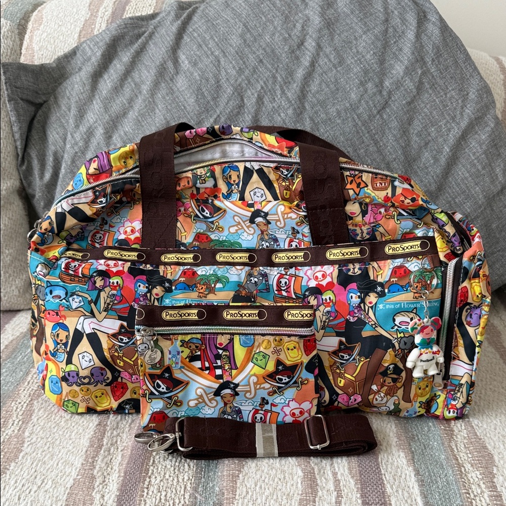 Convertible Pirate Cartoon Print Duffel Bag with Brown Handles and Straps